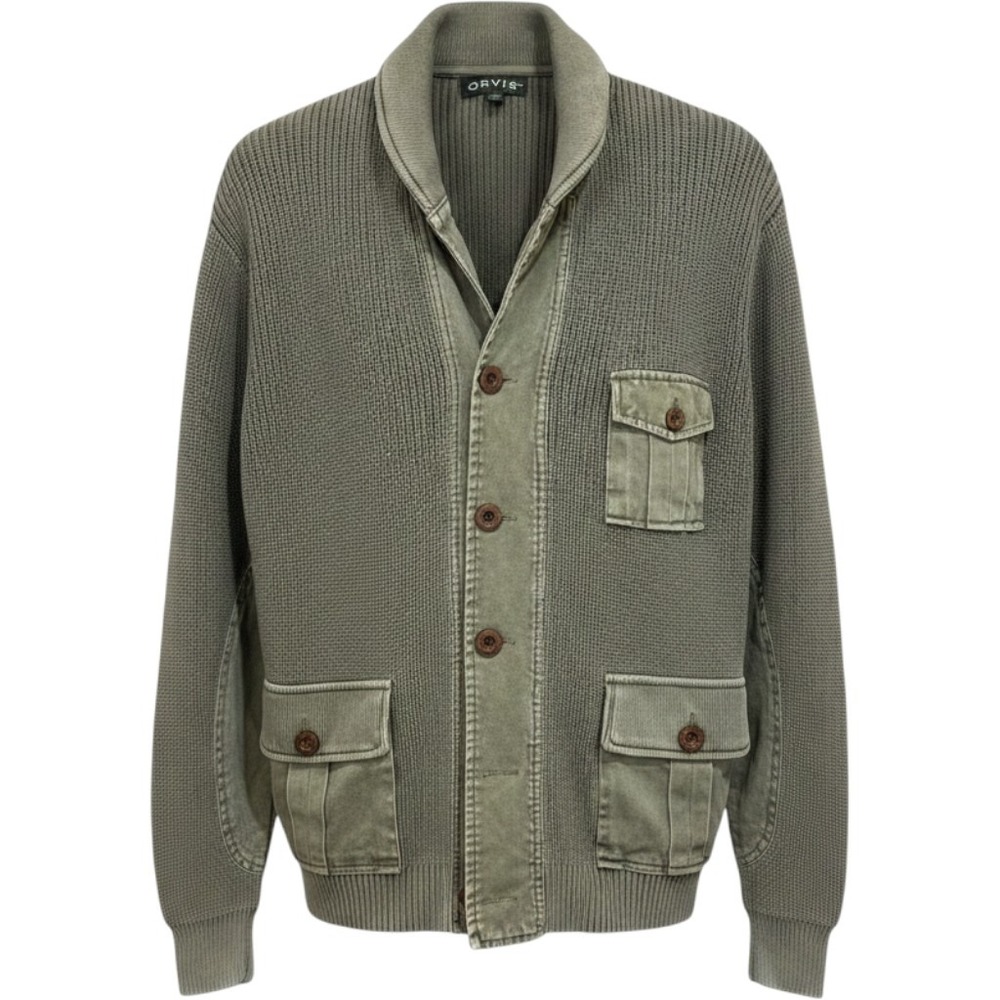 Orvis Mens Olive Green Cotton Waffle Knit Shawl Collar Cardigan Sweater Large
